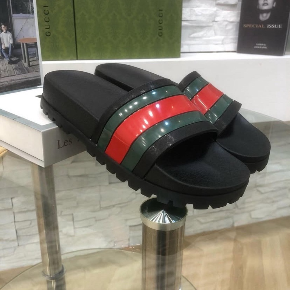 Gucci Black Slides with Red and Green Accents